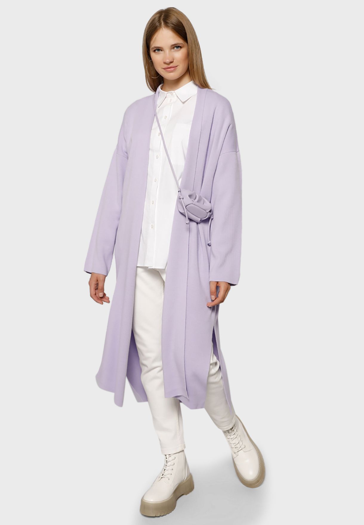 purple longline cardigan