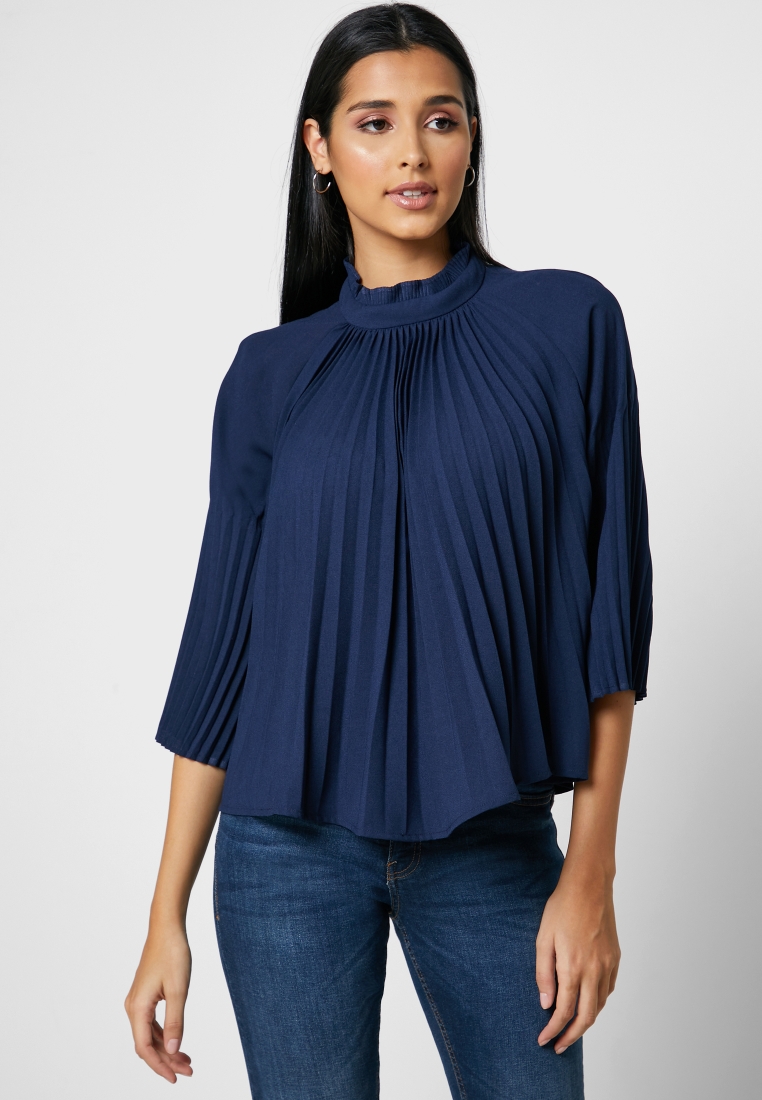 Buy Ella navy Pleated High Neck Top for Women in Muscat, Salalah