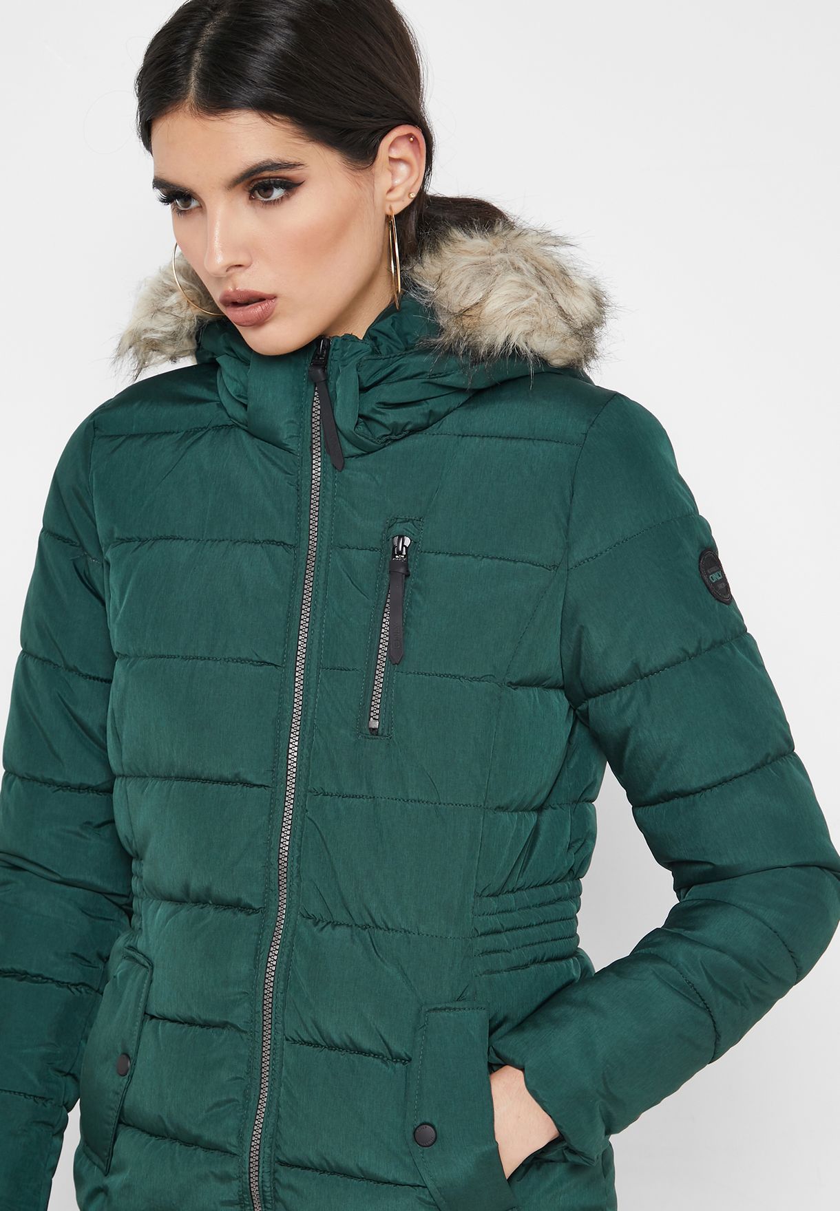 quilted jacket with fur hood