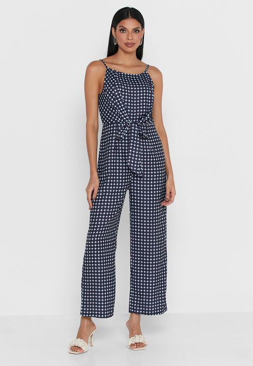 Polka Strappy Front Knot Jumpsuit
