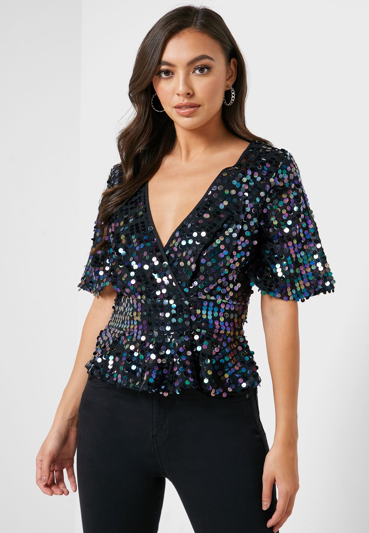 black sparkle wrap top