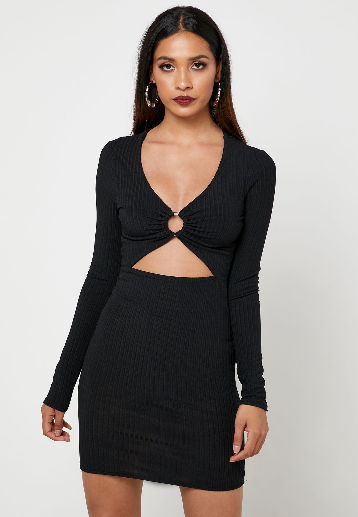 Buy Missguided Black Ribbed O Ring Cut Out Dress For Women In Mena Worldwide Wxde