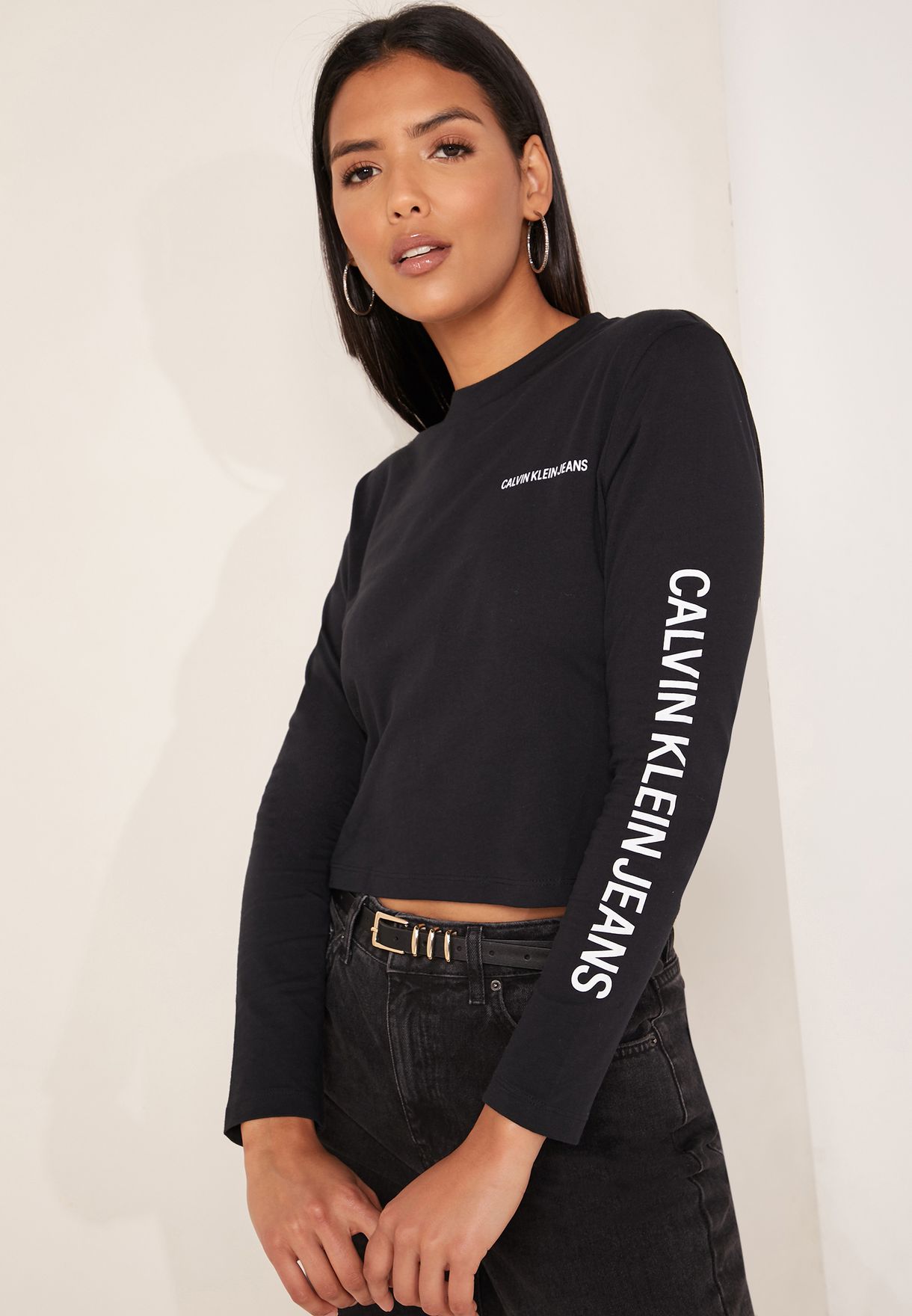 calvin klein logo t shirt women's long sleeve