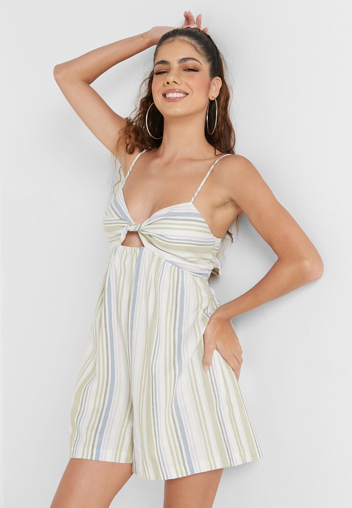 Tie Shoulder Striped Playsuit