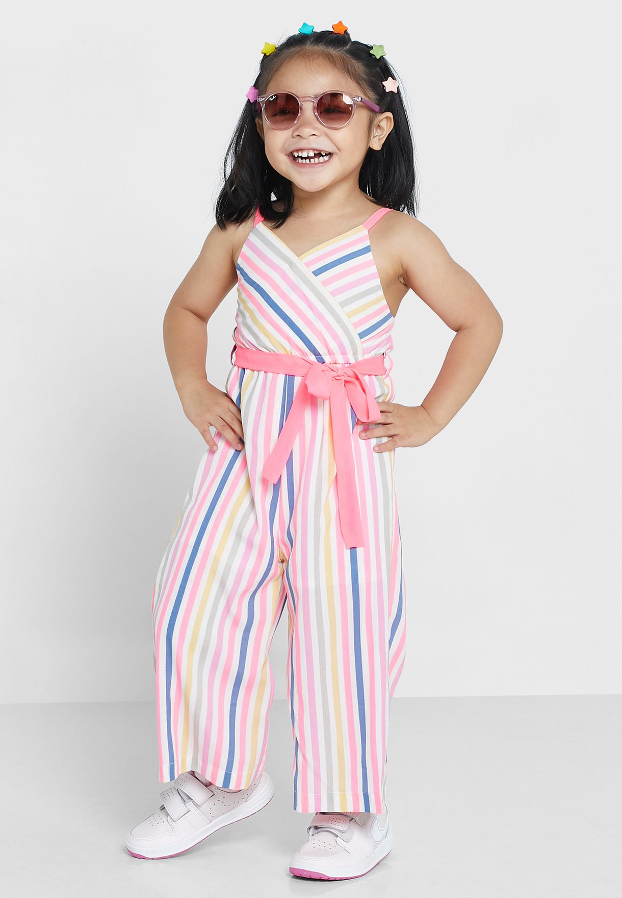 Nauti Nati Girls Blue Pink Striped Shoulder Straps Basic Jumpsuit