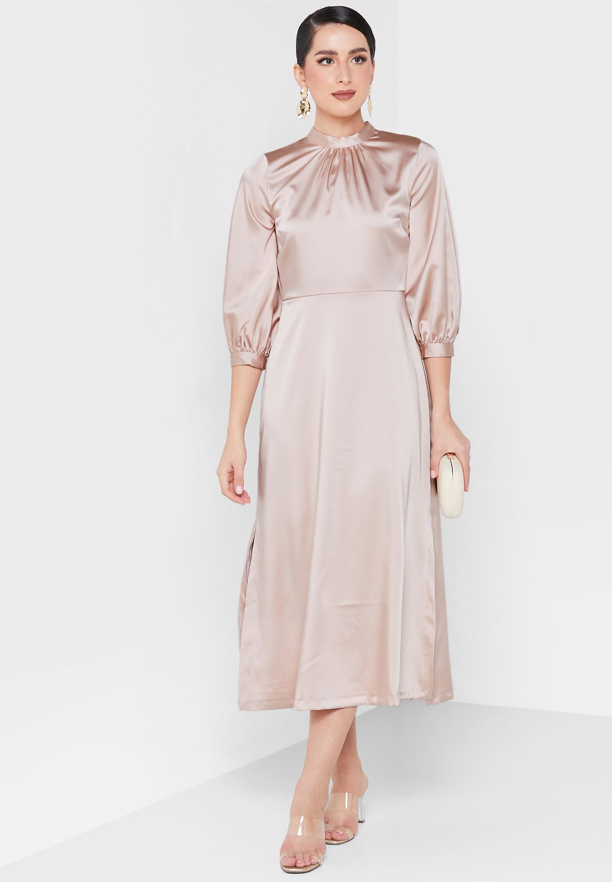 High Neck Side Split Cuff Detail Dress
