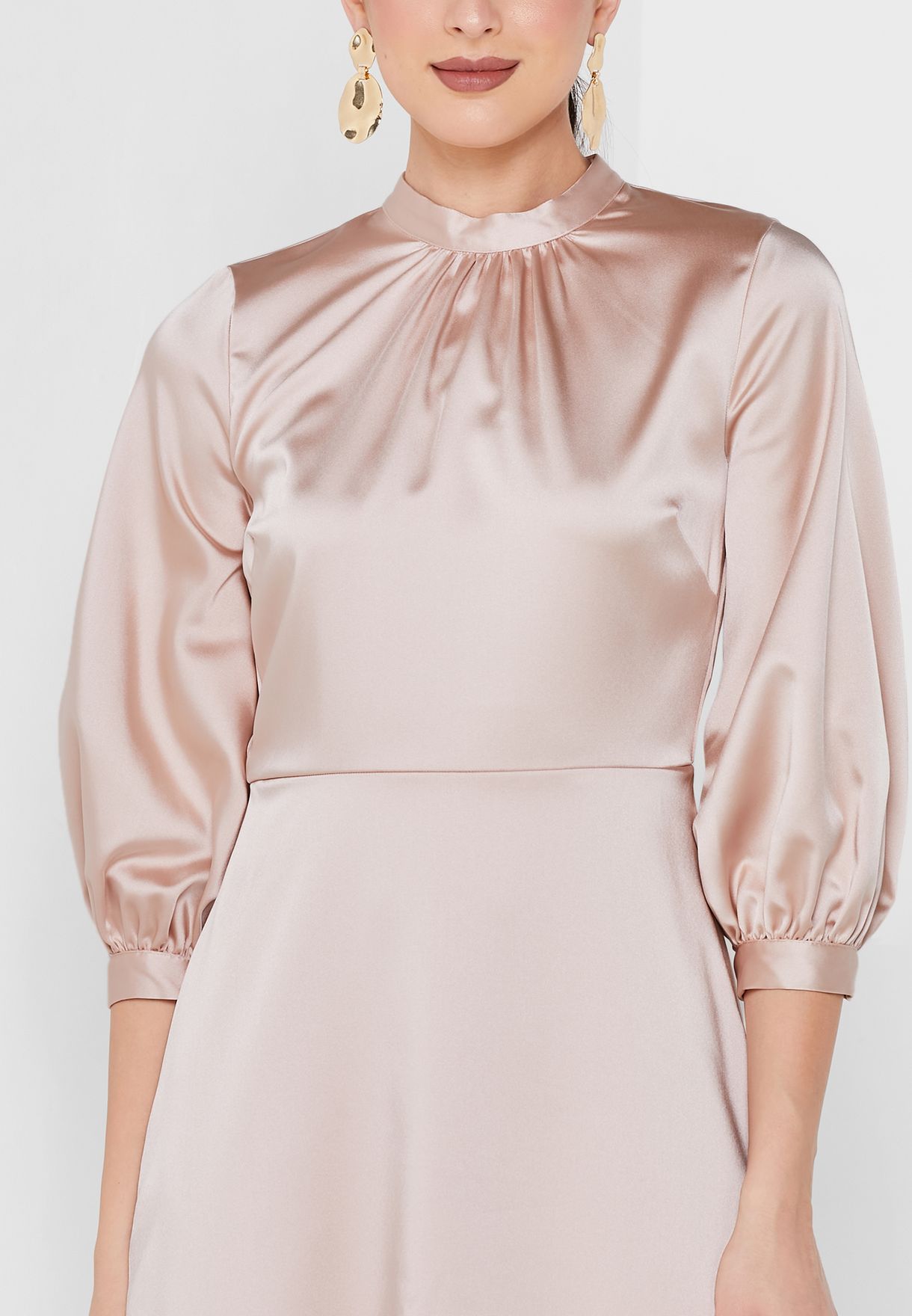 High Neck Side Split Cuff Detail Dress