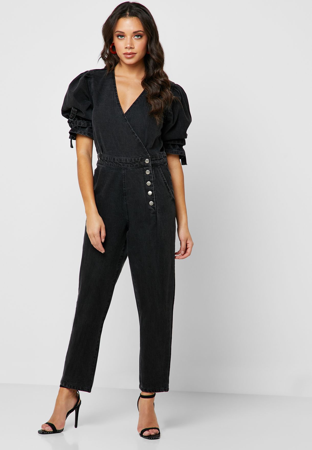 denim puff sleeve jumpsuit