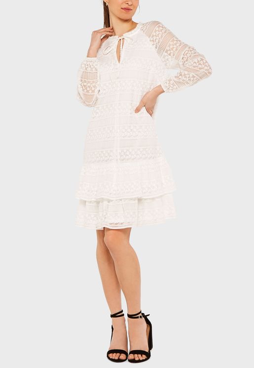 Tie Neck Embroidered Dress