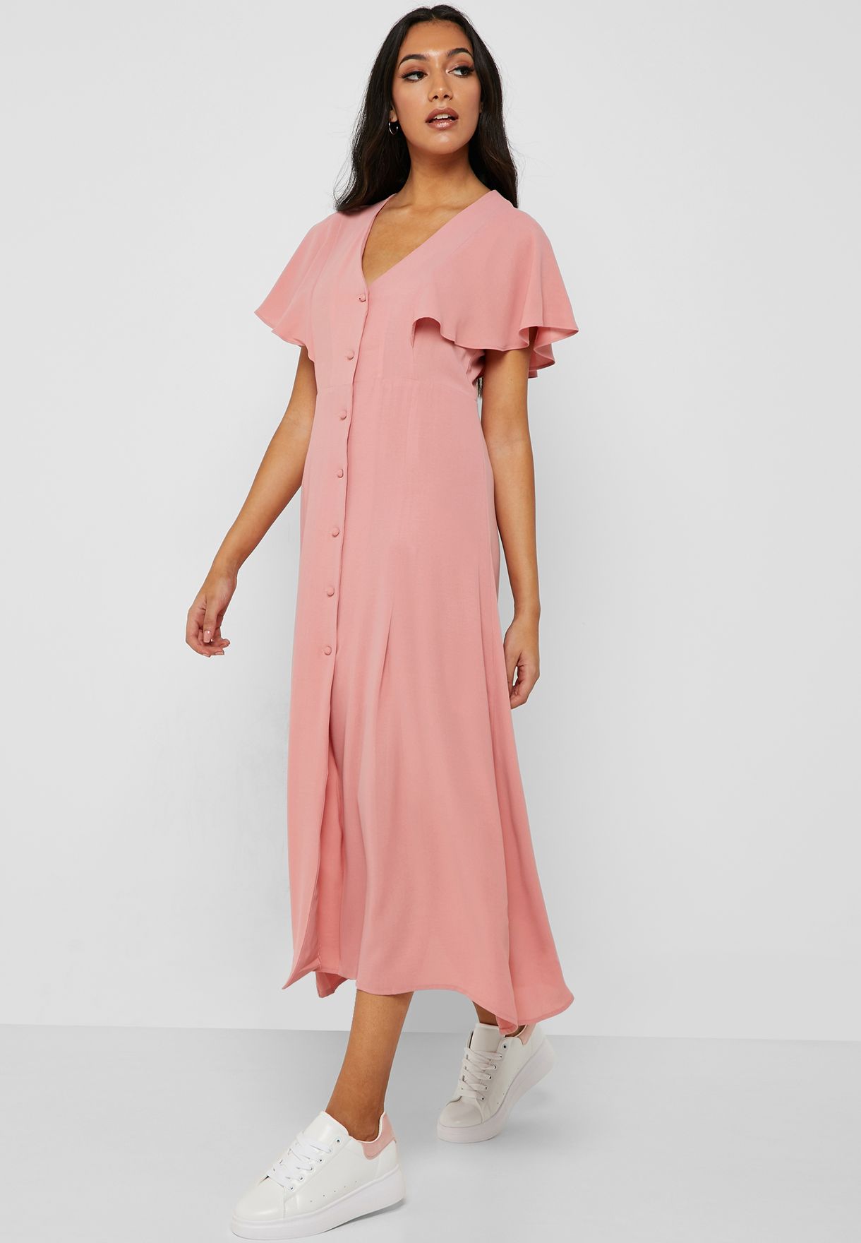 pink button down midi dress