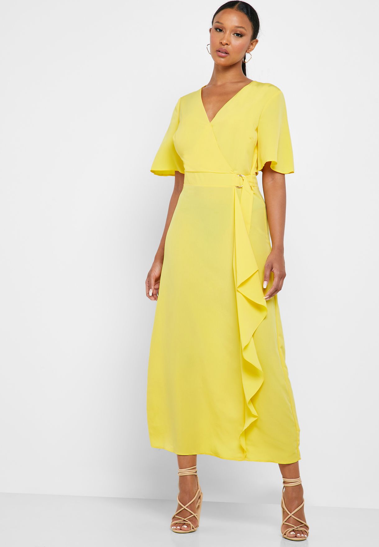 Buy Dorothy Perkins Tall yellow D-Ring Ruffle Detail Wrap Dress for Women  in MENA, Worldwide