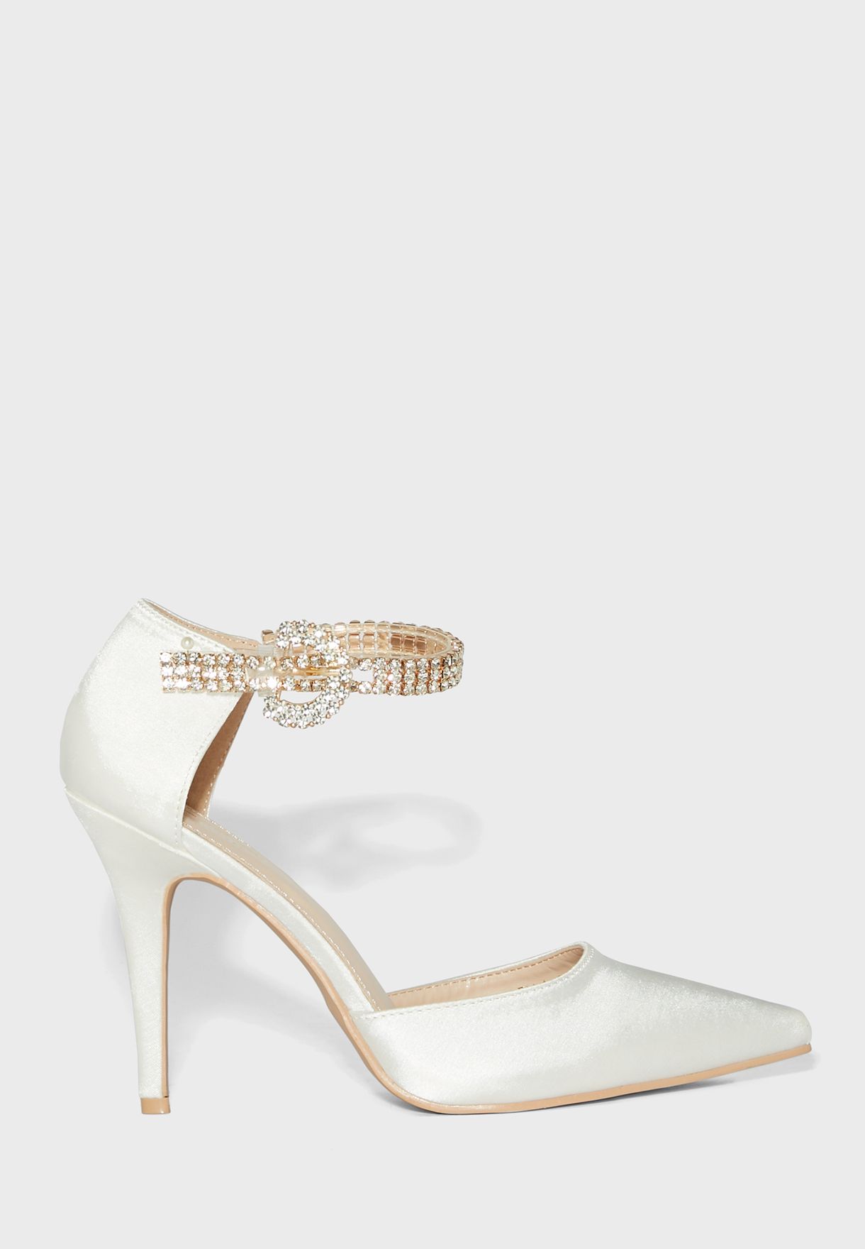 Diamante Buckle Ankle Strap Satin Pointed Pump 