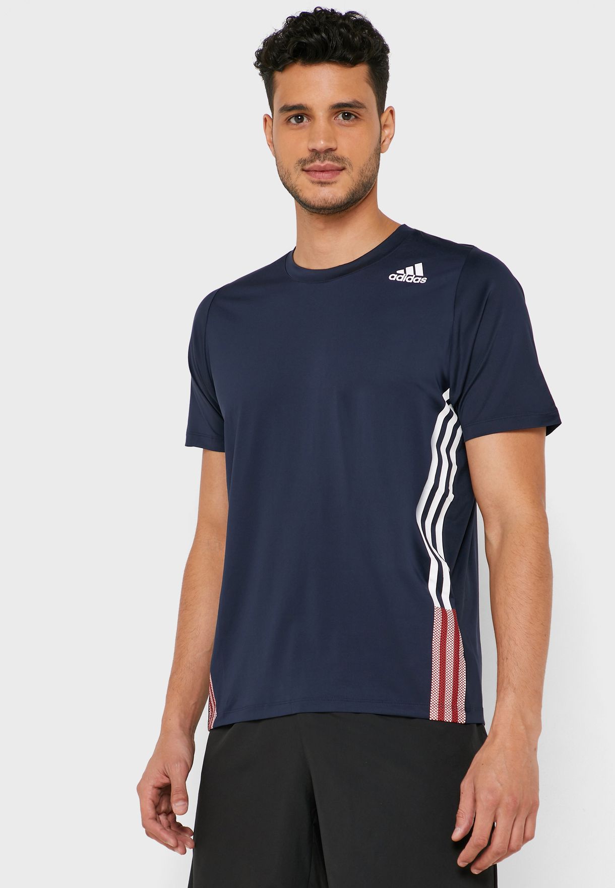 adidas navy 3 stripe t shirt