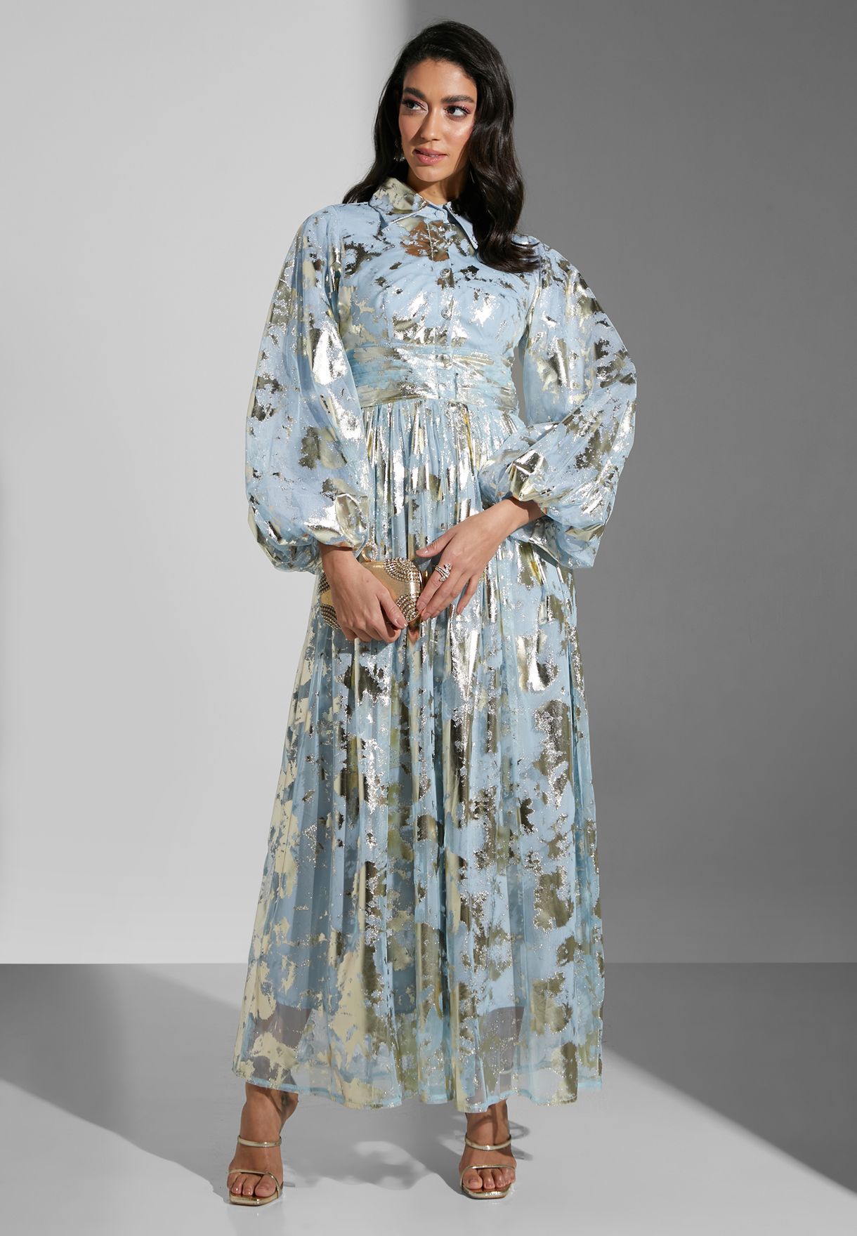 Long Sleeve Shimmer Dress With Collar