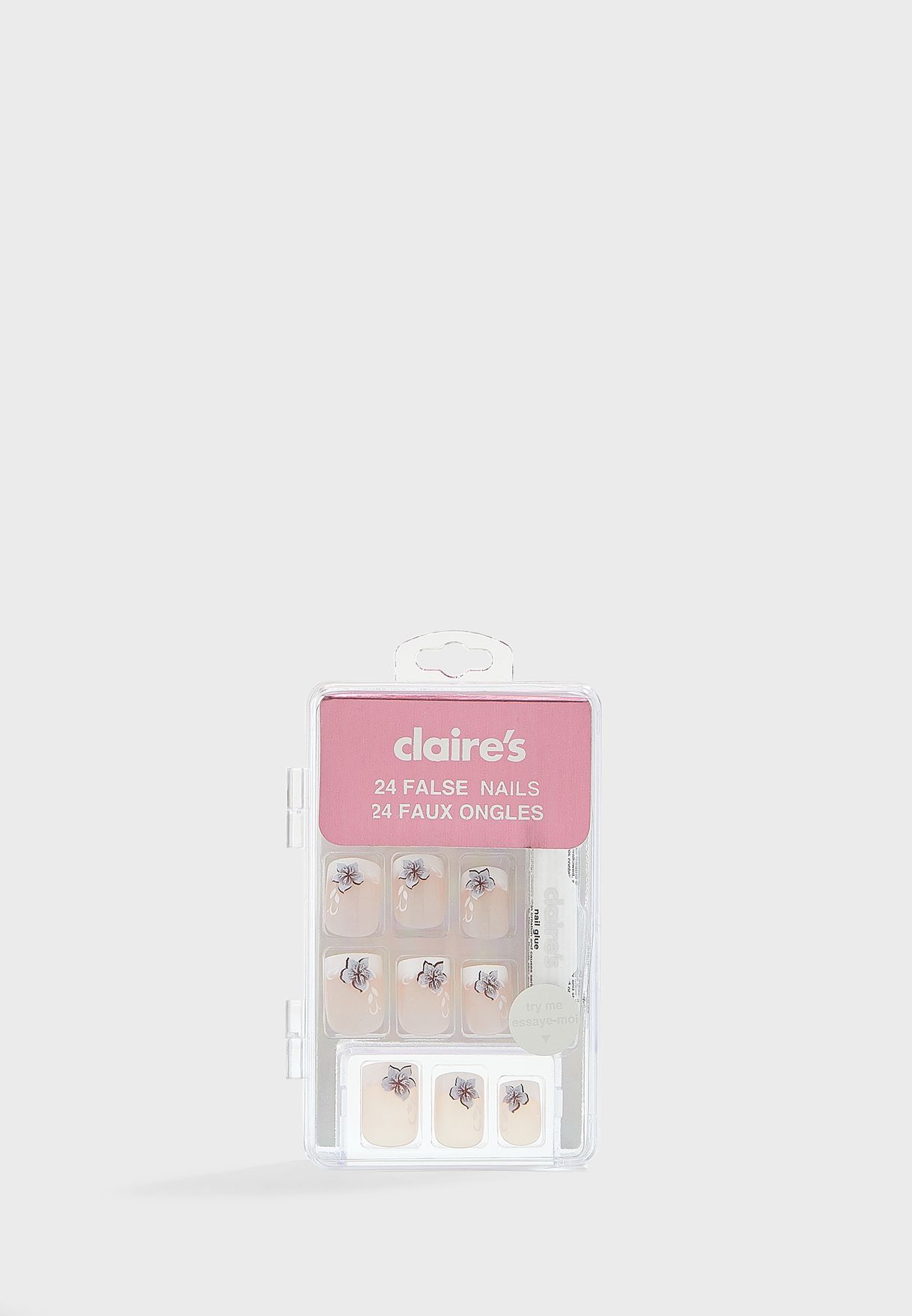 French Manicure with Floral Detail Square Faux Nail Set - 24 Pack