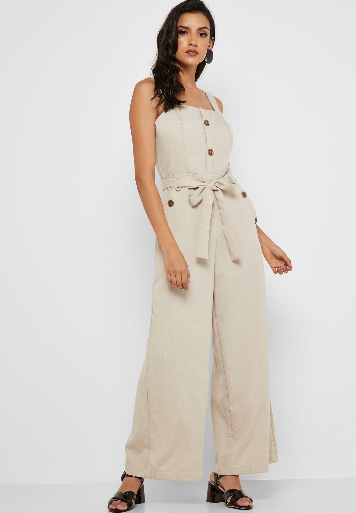 button detail self tie jumpsuit