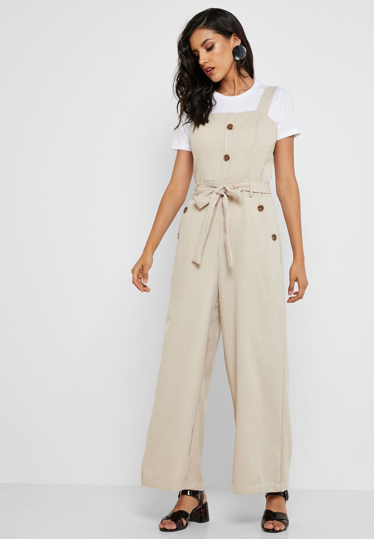 button detail self tie jumpsuit