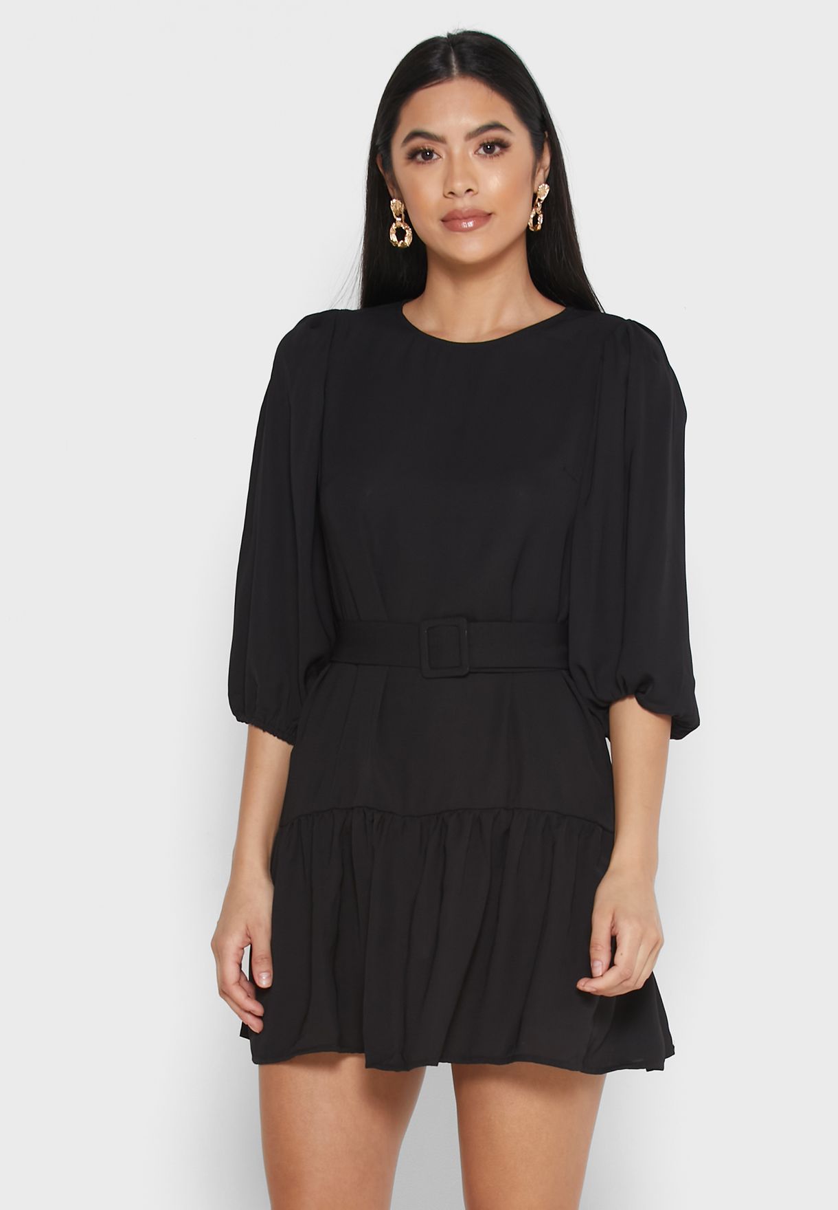 Buy Ella Black Puffed Sleeve Belted Mini Dress For Women In Dubai Abu