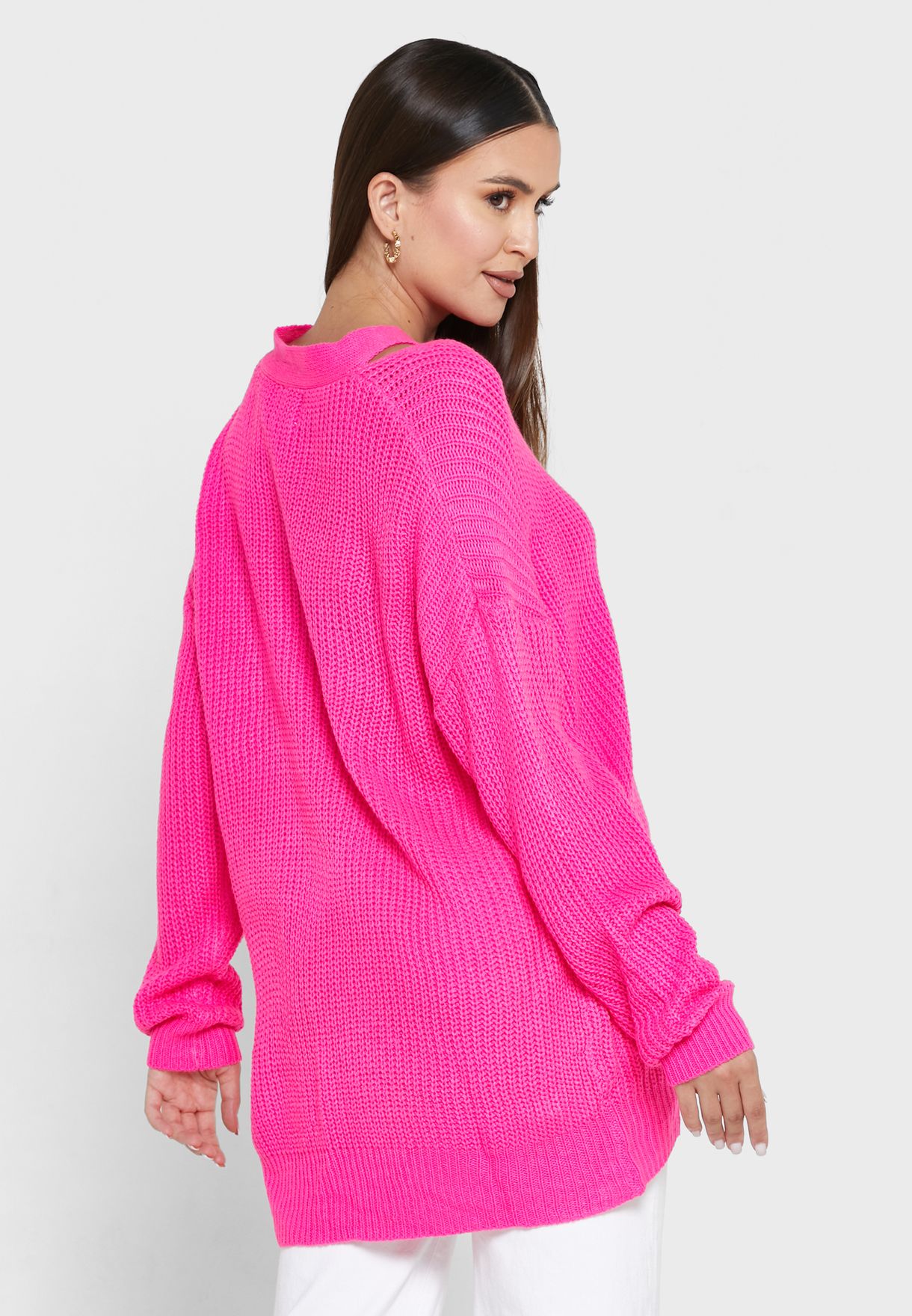 Solid V-Neck Coutout Sweater