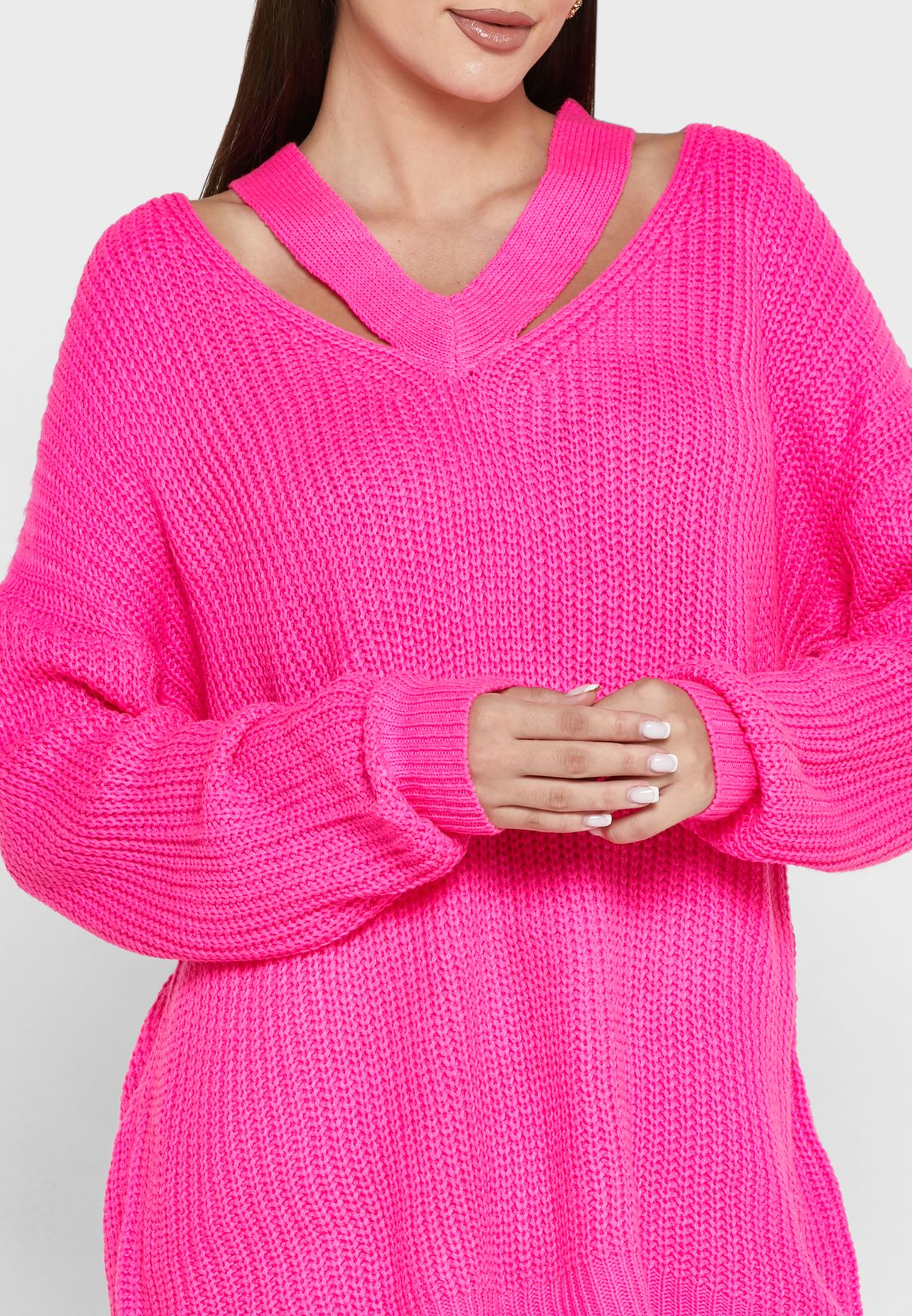 Solid V-Neck Coutout Sweater