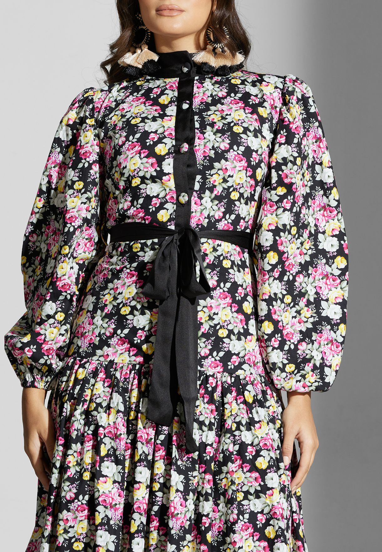 Floral Print Button Puff Sleeve Dress