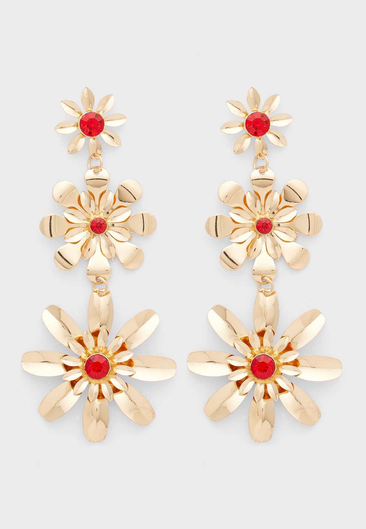 Triple Flower Red Stone Drop Earrings 