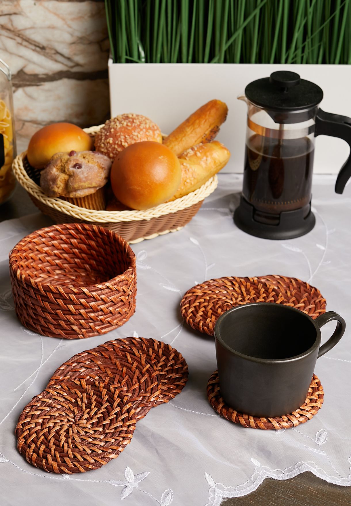 Set Of 6 Round Rattan Coaster