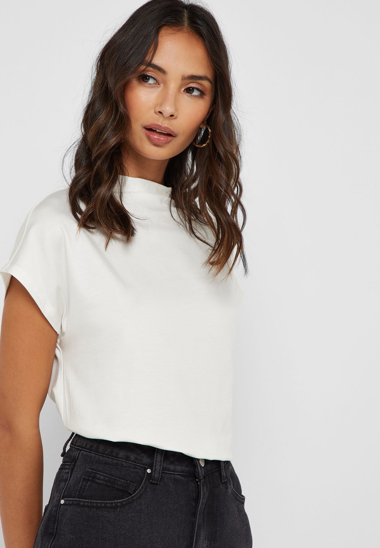 white high neck short sleeve top