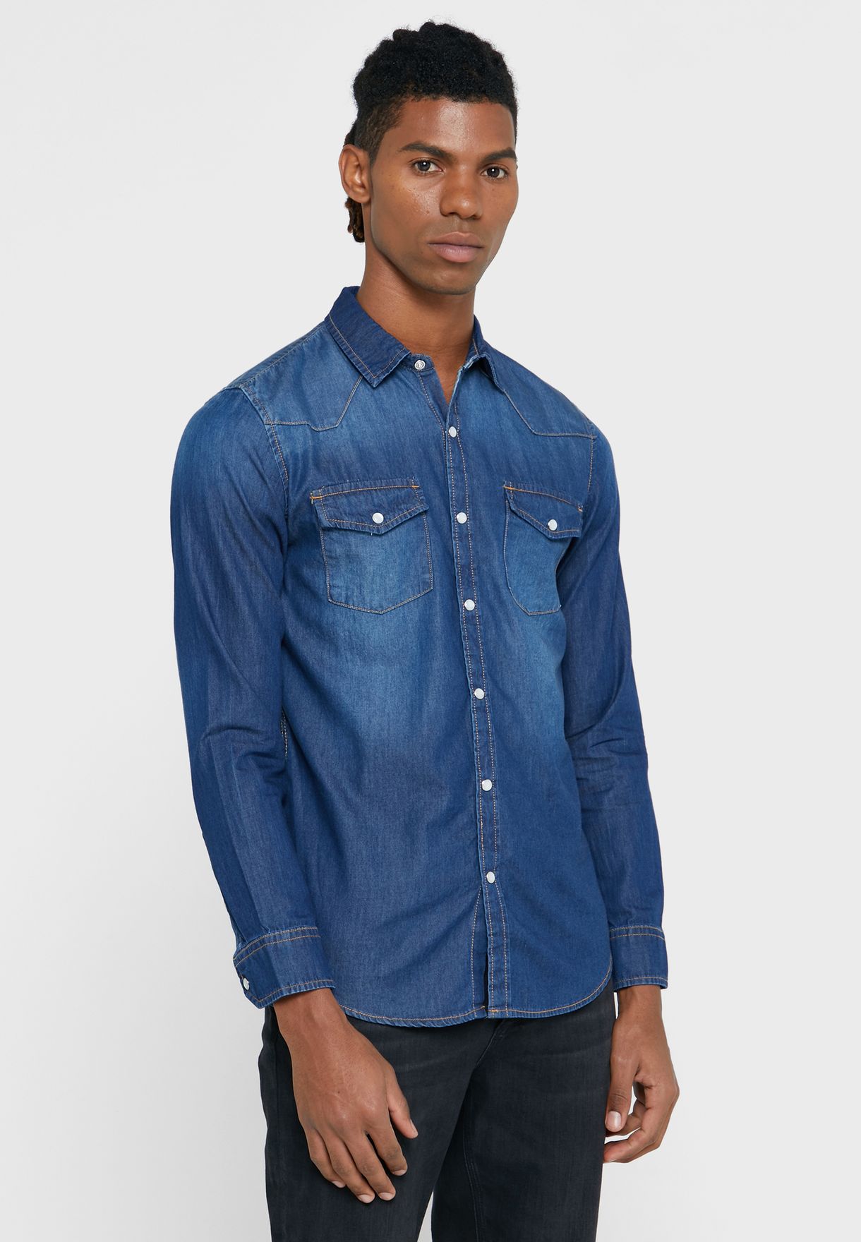 Buy Seventy five navy Slim Fit Denim Shirt for Men in Dubai, Abu Dhabi