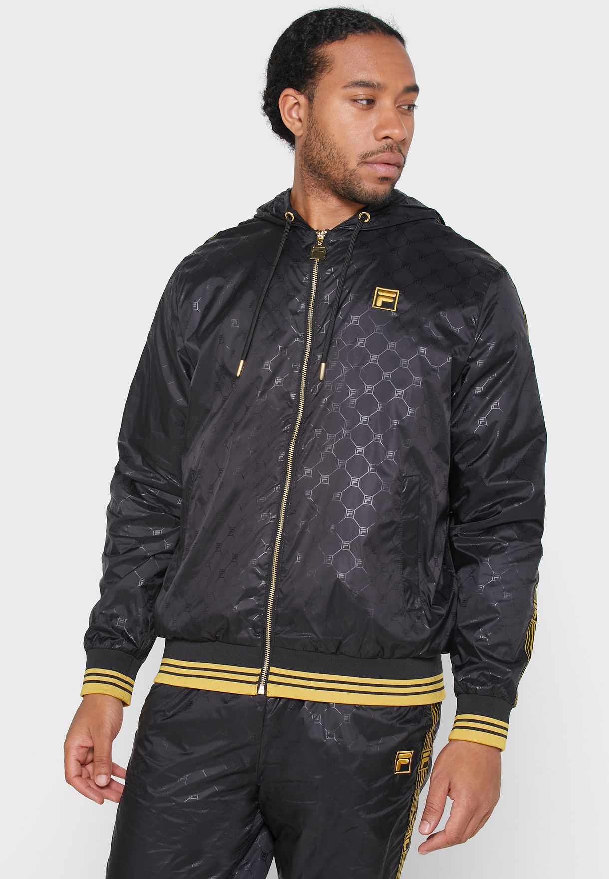 Download Buy Fila black Dublin Patterned Woven Taped Hooded Track ...