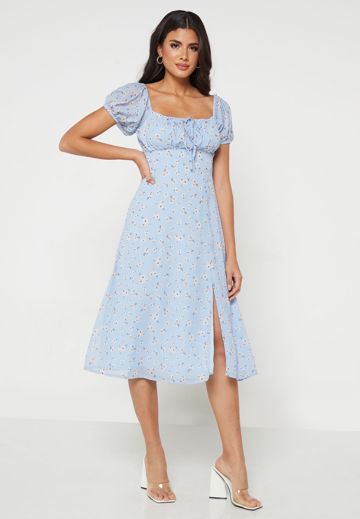 Buy Faballey Blue Powder Blue Floral Smocked Milkmaid Dress For Women In Dubai Abu Dhabi 