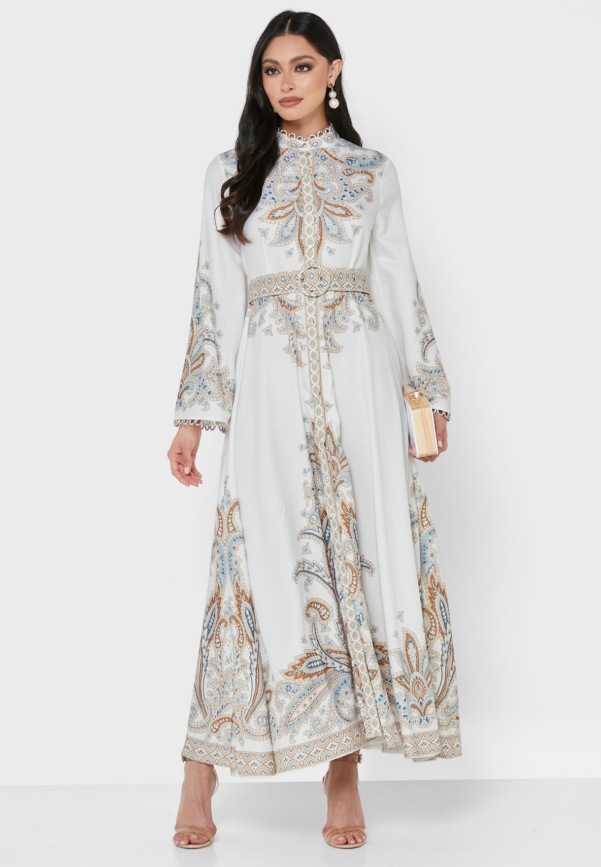 Bell Sleeve Printed Belted Dress