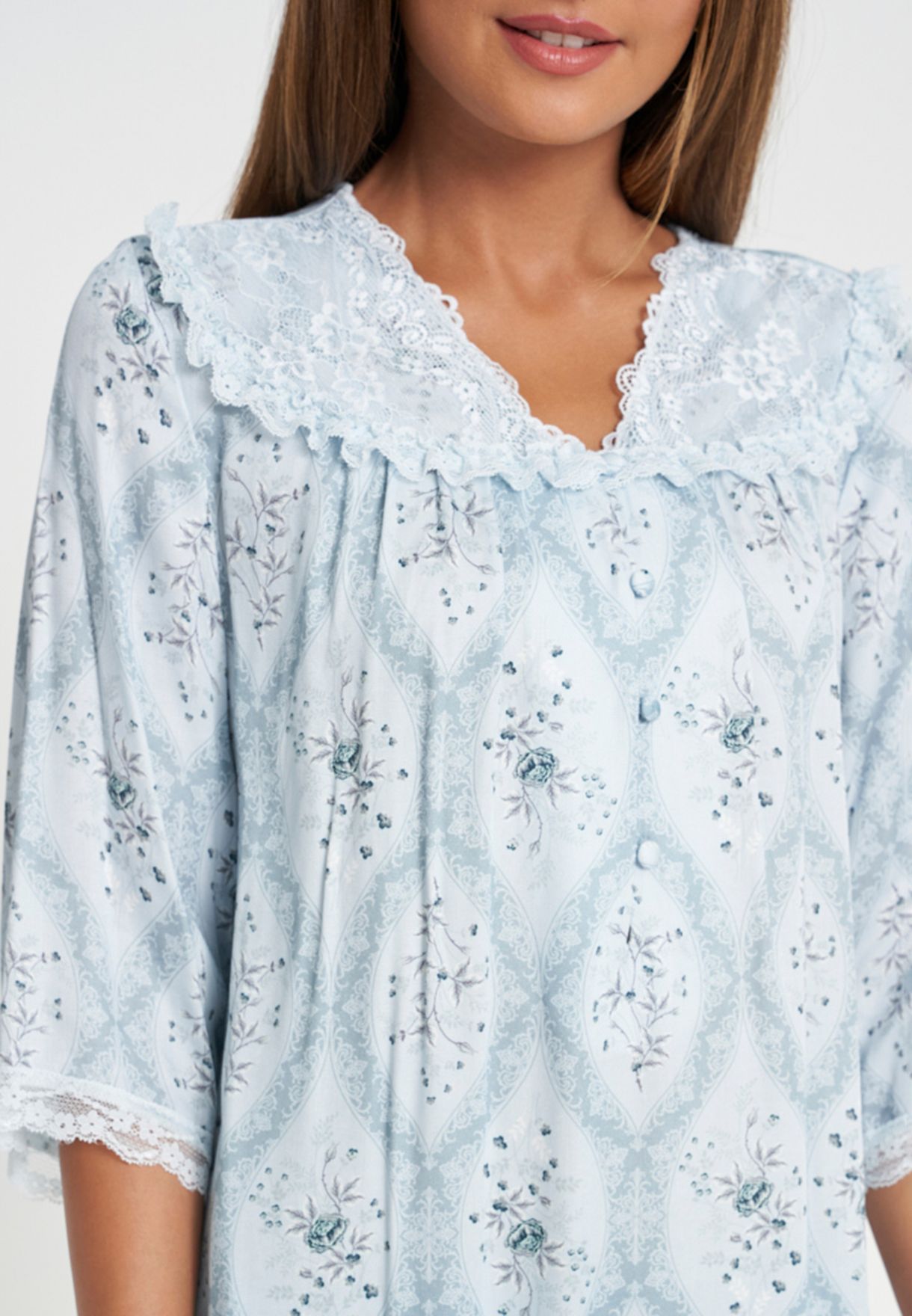 Lace Trim Printed Yoke Nightdress