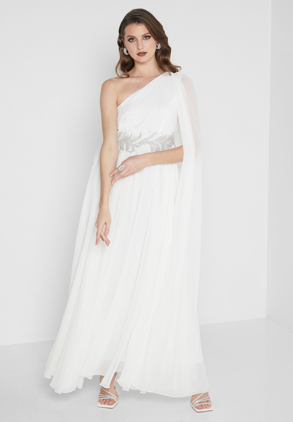 One Shoulder Cape Sleeve Embellished Waist Dress