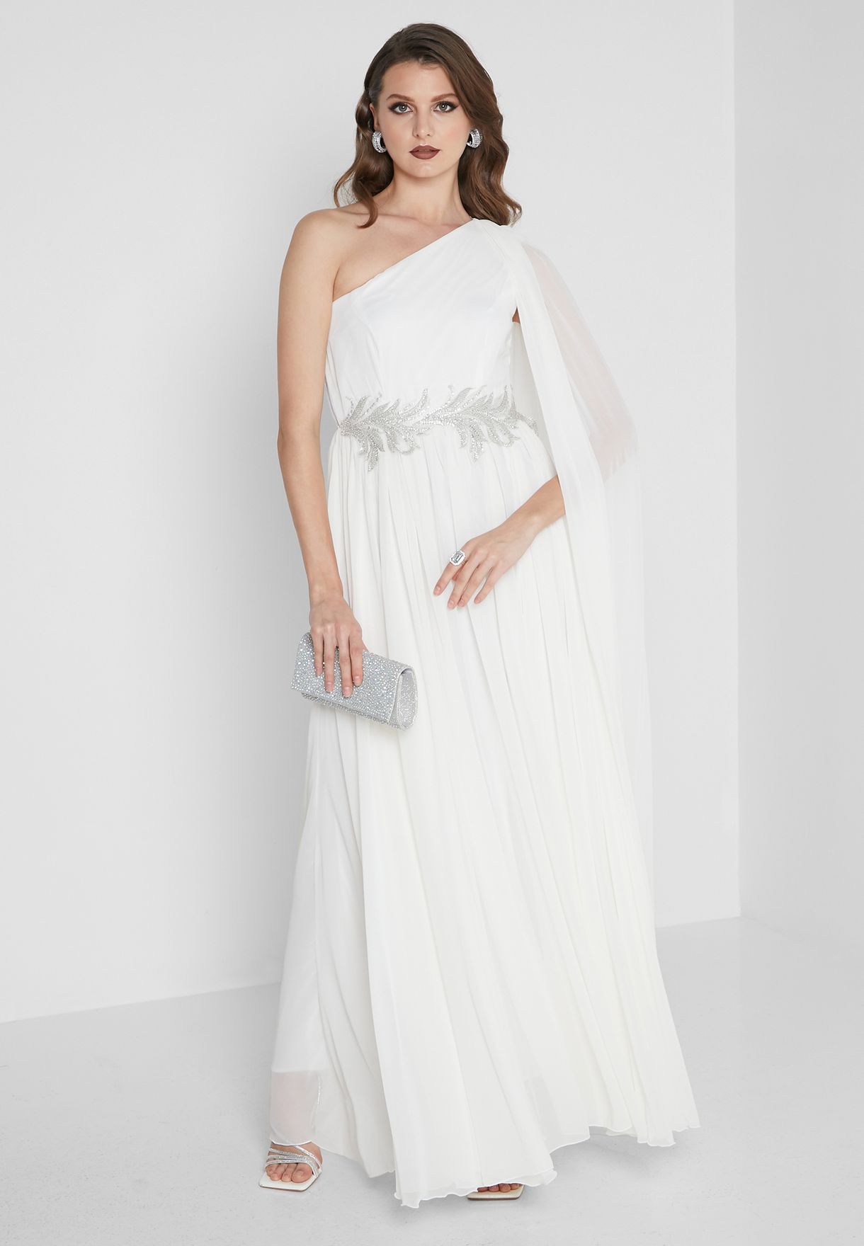 One Shoulder Cape Sleeve Embellished Waist Dress