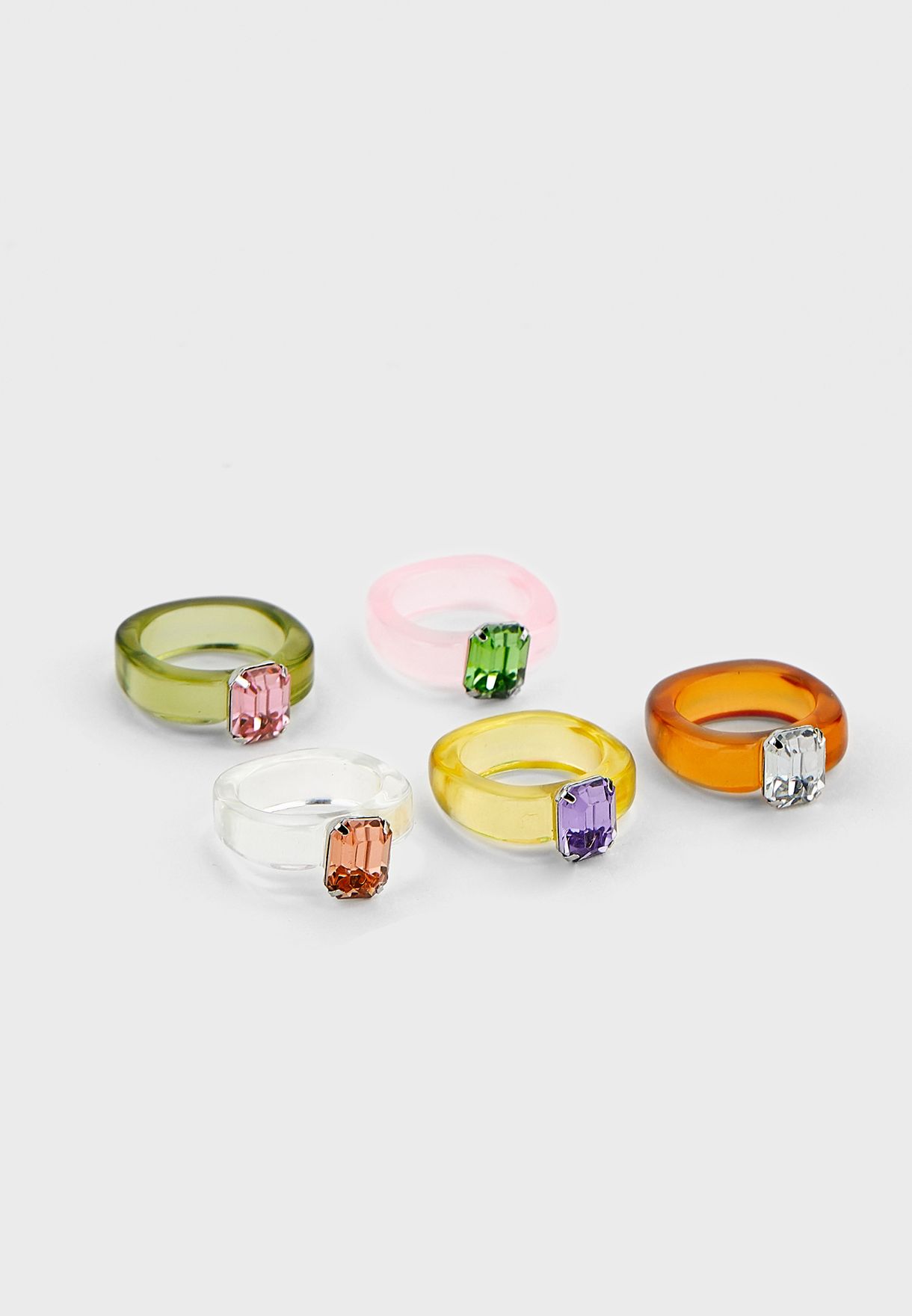 5 Pack Of Chunky Transparent Plastic Gem Stone Rings