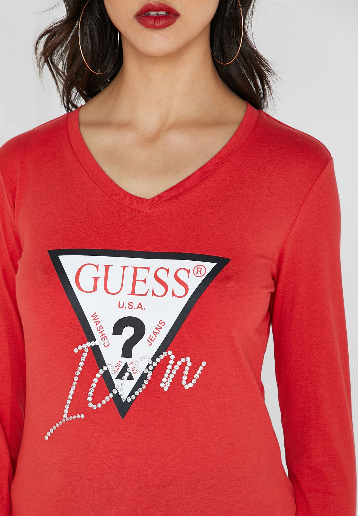 guess red blouse