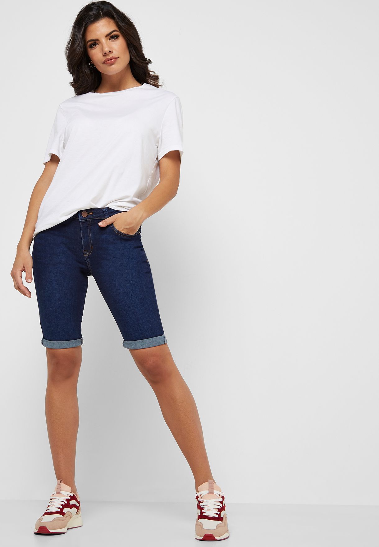 women's mid length denim shorts