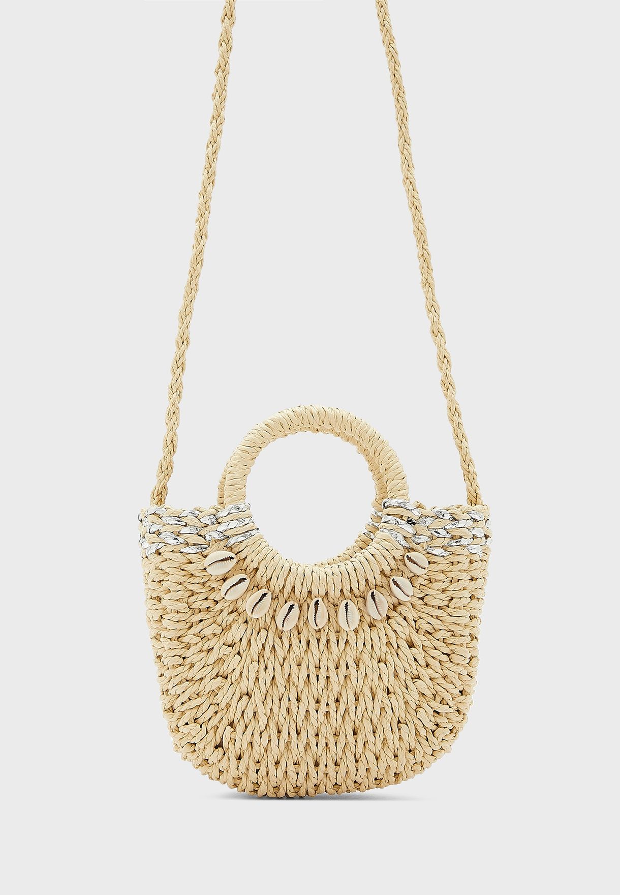 Straw Tote Bag With Shell Detail 