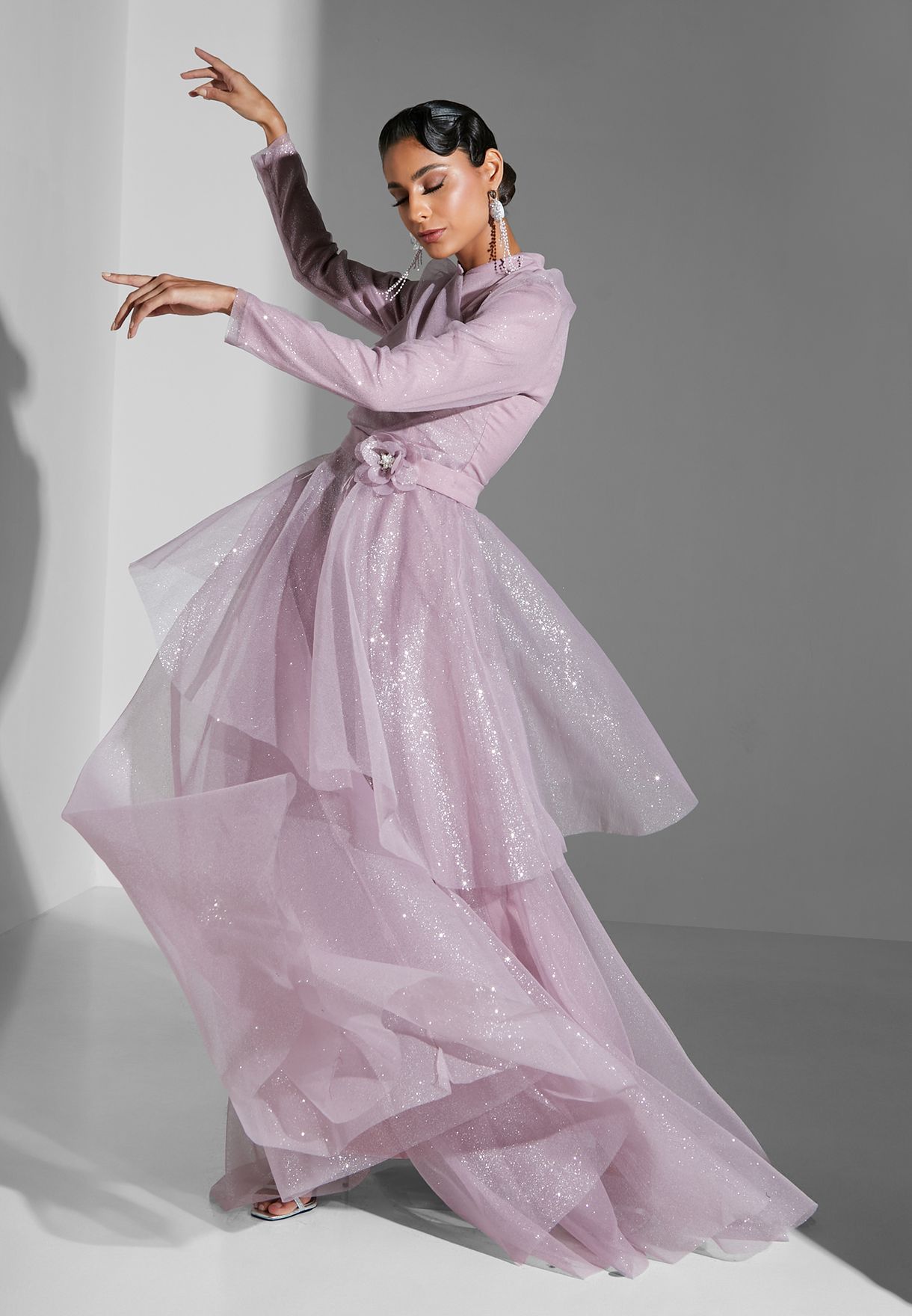 Layered Tulle Long Sleeve Dress