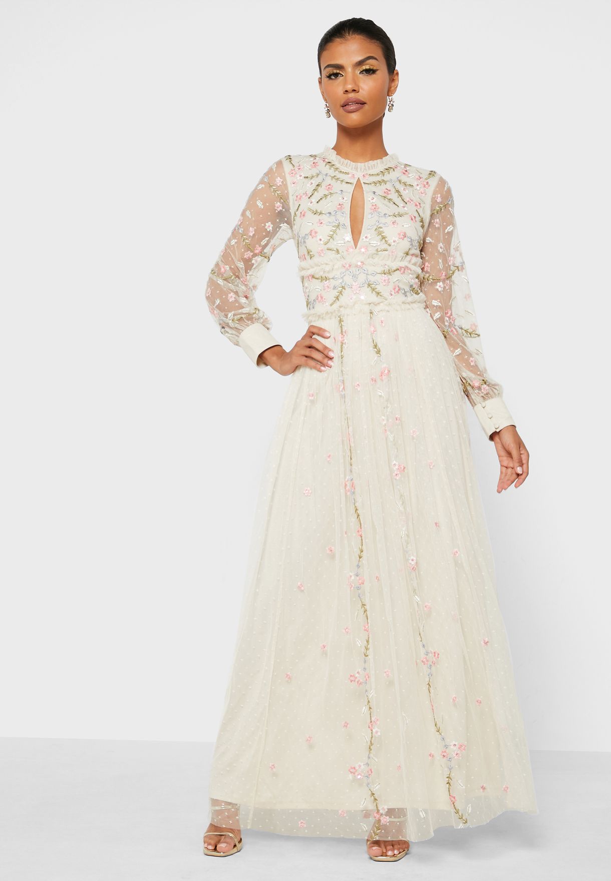 Pleated Mesh Sleeve Dress