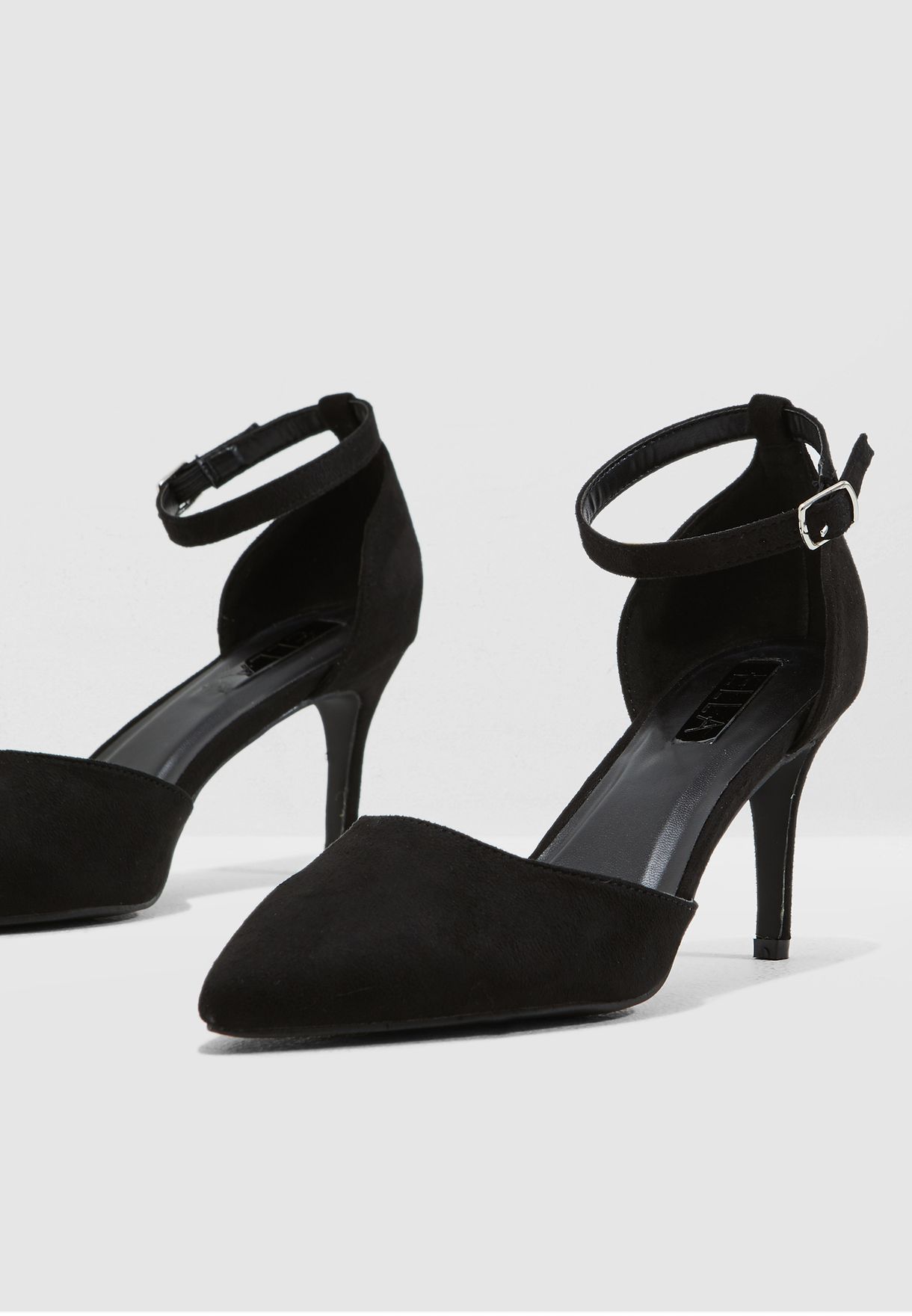 black pointed court shoes with ankle strap