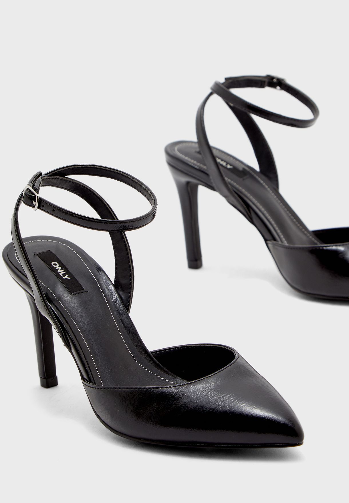 black high heel pumps with ankle strap