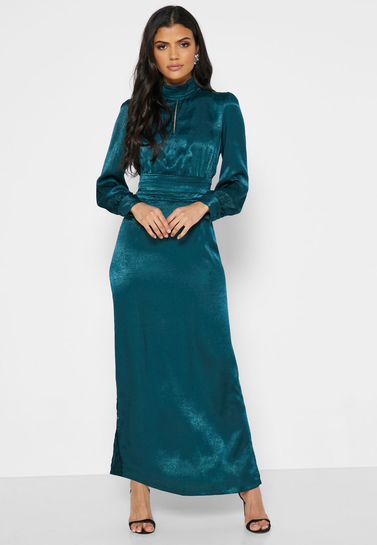 high neck satin maxi dress