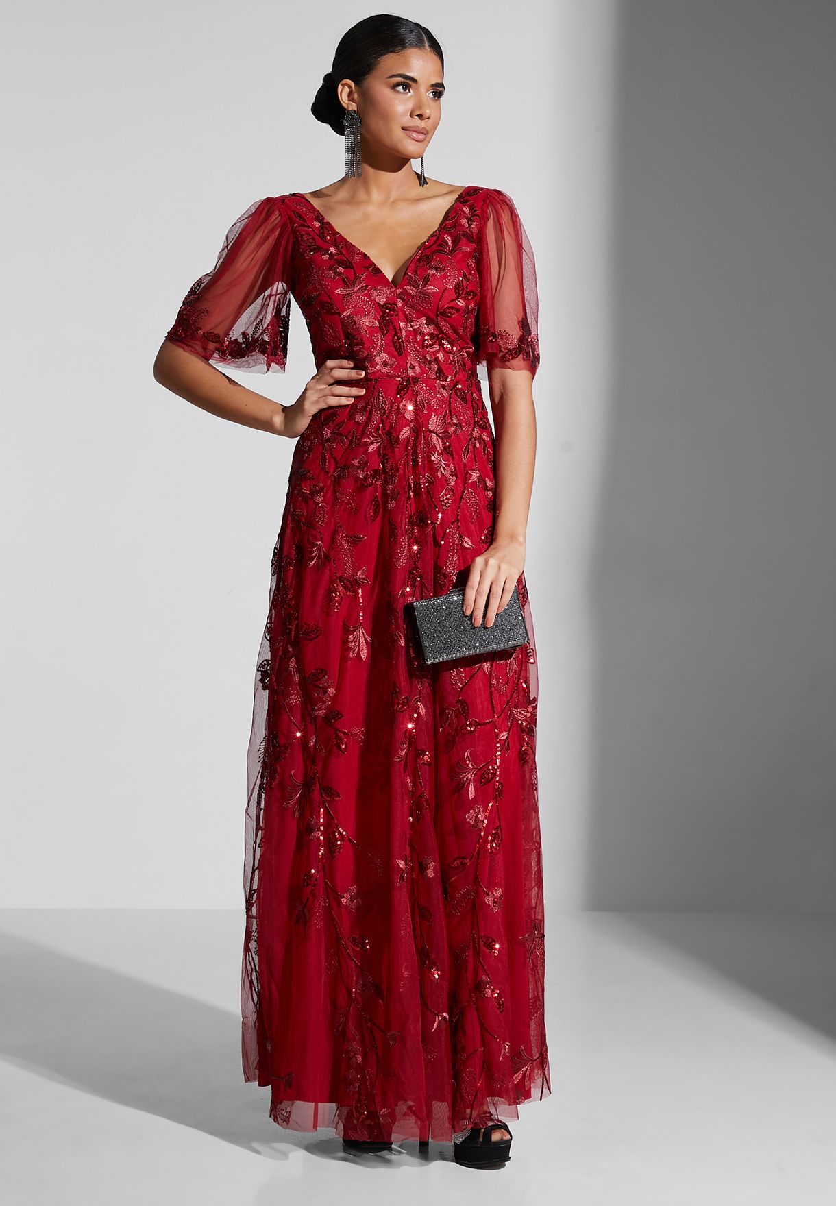 Tulle Embroidered Plunge Neck Dress