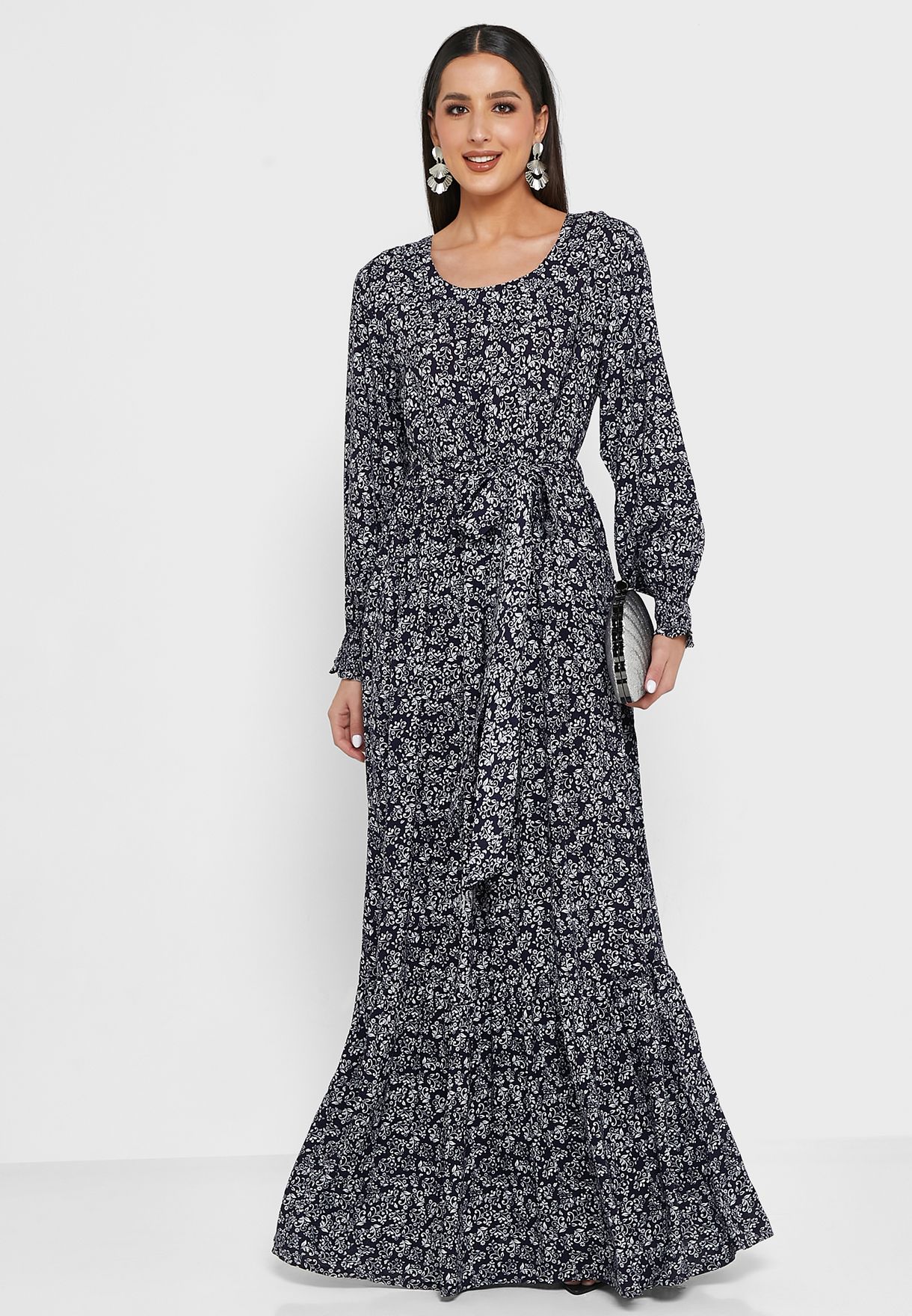 Keyhole Back Floral Print Tie Detail Dress