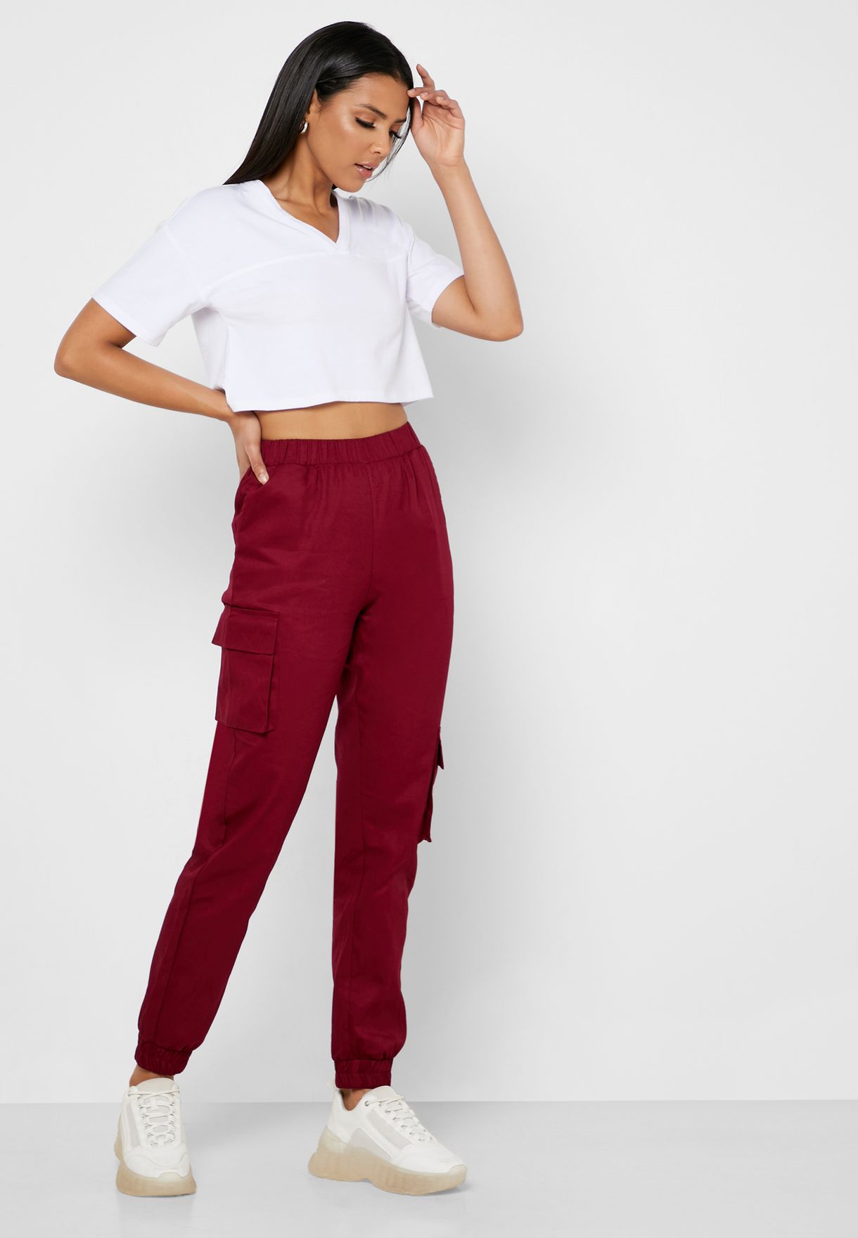 burgundy cargo joggers