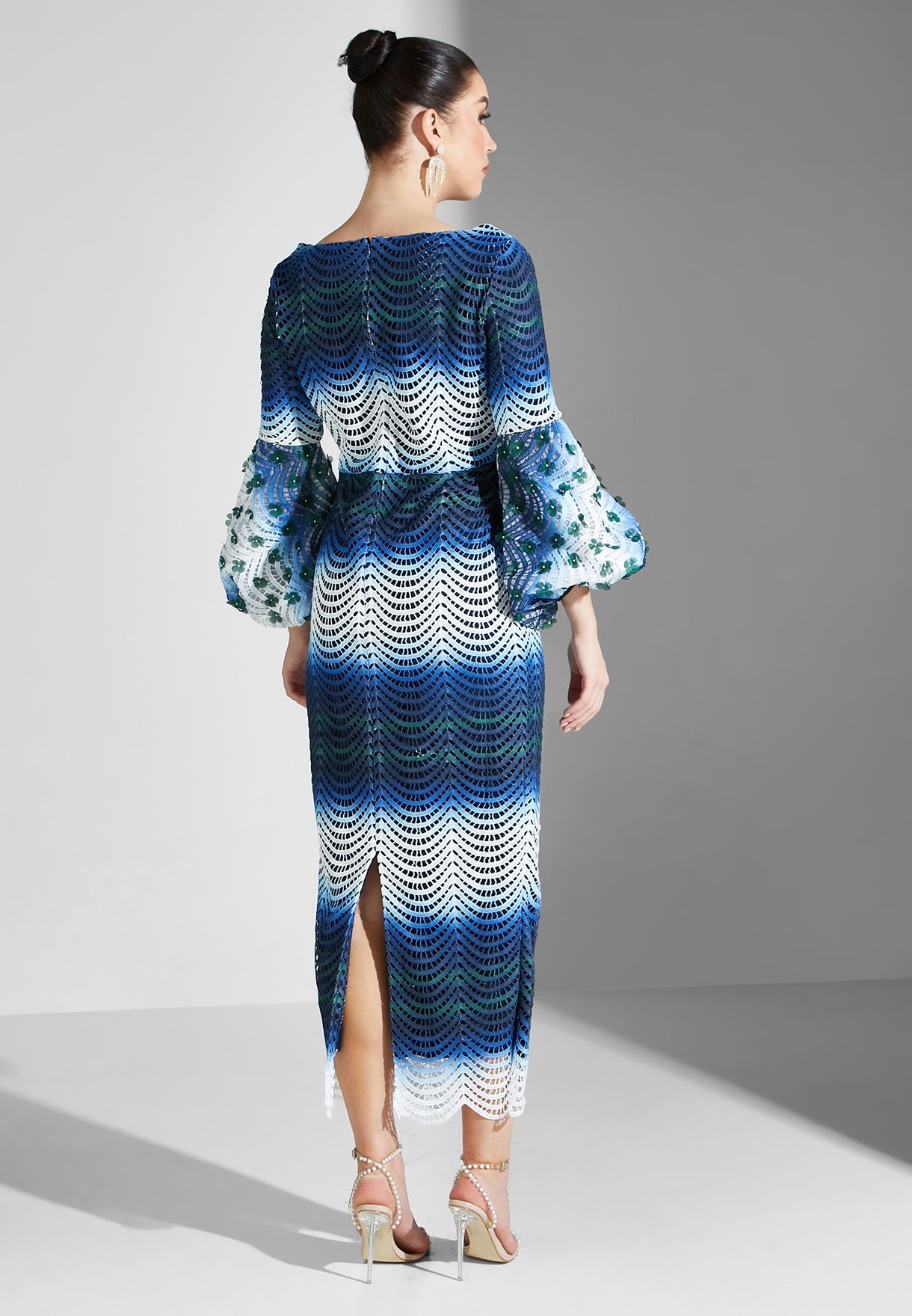 Balloon Sleeve Color Block Embellished Dress