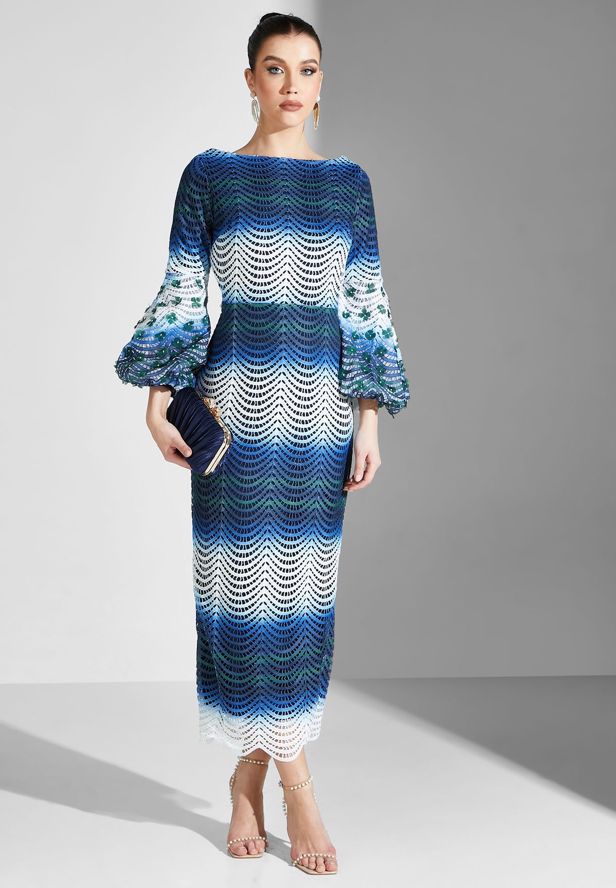 Balloon Sleeve Color Block Embellished Dress