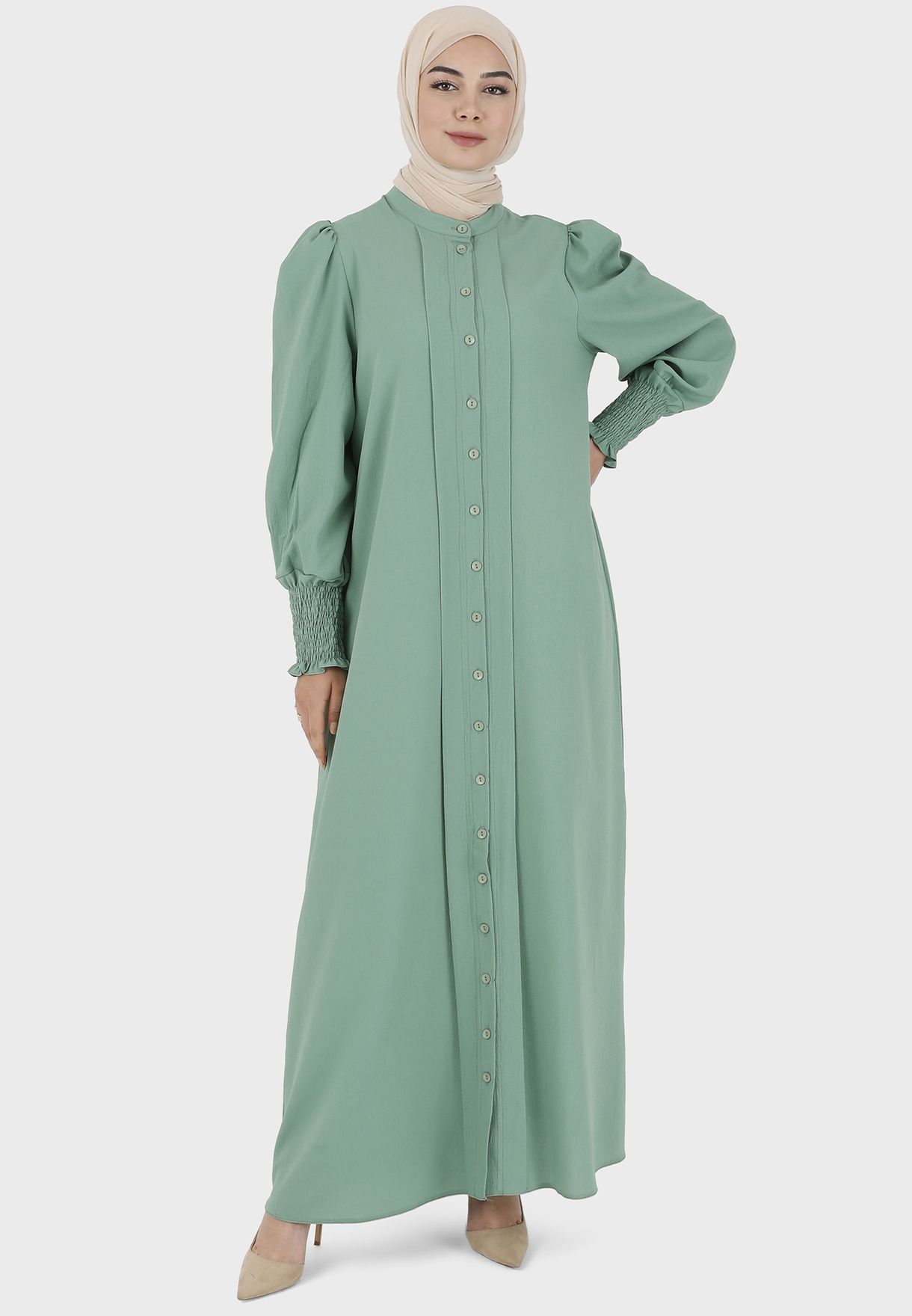 Shirred Cuff Button Down Dress